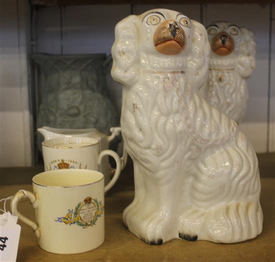 Pair Staffs dogs, Staffs oak leaf jug and 4 Royal Commemoratives